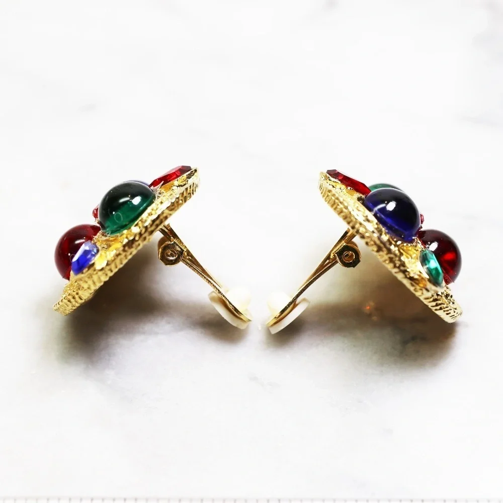 Earrings ~ Gold w/ Colorful Round Cabochons & Teardrop Crystals Clip-on Vintage